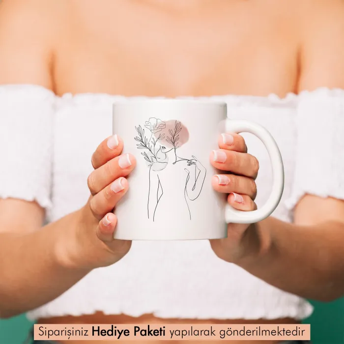 Line Art Çiçekli Kadın Tasarımlı Kahve Kupası