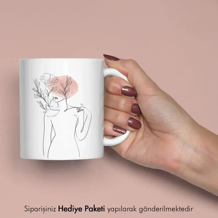 Line Art Çiçekli Kadın Tasarımlı Kahve Kupası
