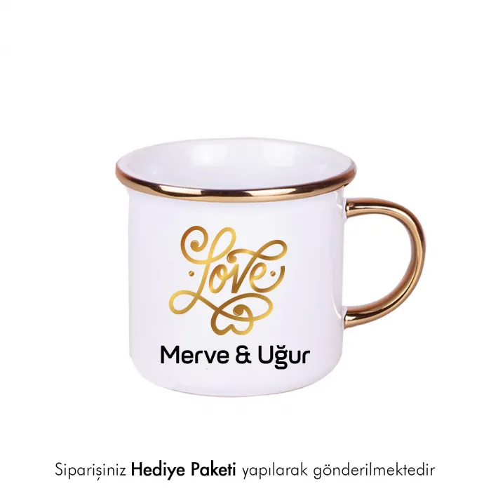 Love Temalı Gold Kişiye Özel İsimli Enamel Kupa Bardak