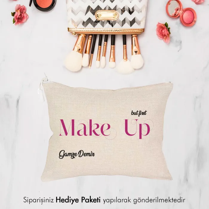 Make Up Tasarımlı İsme Özel Keten El Cüzdanı Çanta