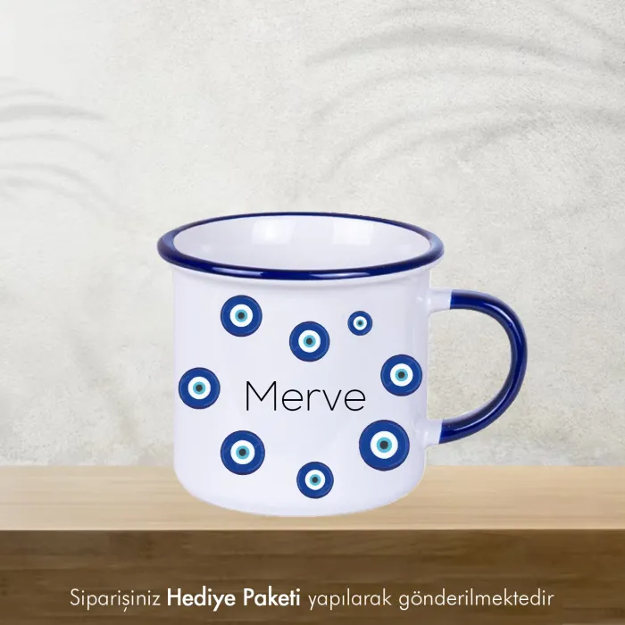 Nazar Boncuğu Temalı Kişiye Özel İsimli Enamel Kupa Bardak