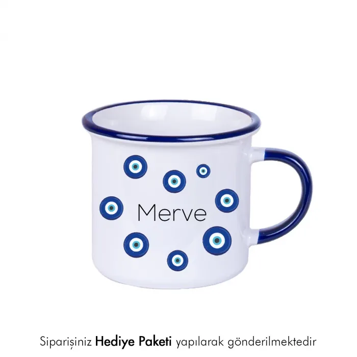 Nazar Boncuğu Temalı Kişiye Özel İsimli Enamel Kupa Bardak