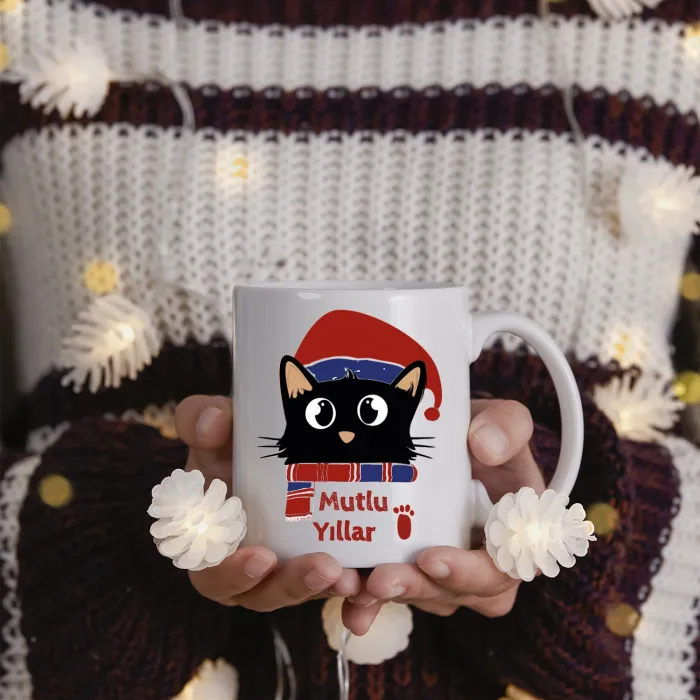 Noel Şapkalı Kedi Kupası
