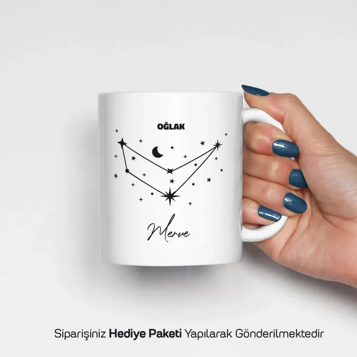 Oğlak Burcu Yıldız Haritalı Kişiye Özel İsimli Kupa Bardak