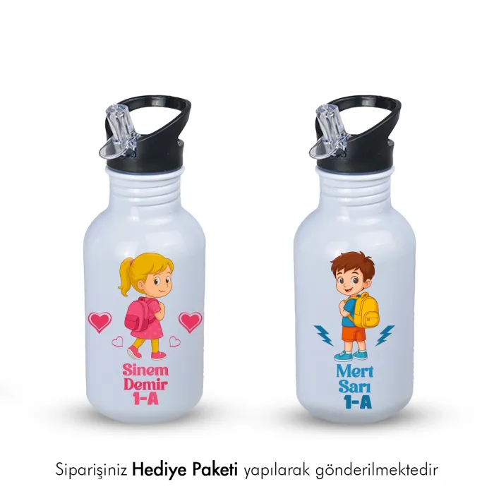 Öğrencilere Özel İsimli Kopçalı Pipetli Matara - 600ml