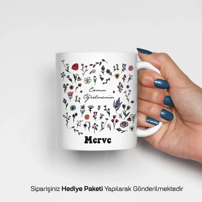 Öğretmenler Gününe Çiçekli Canım Öğretmenim Yazılı İsimli Kupa Bardak