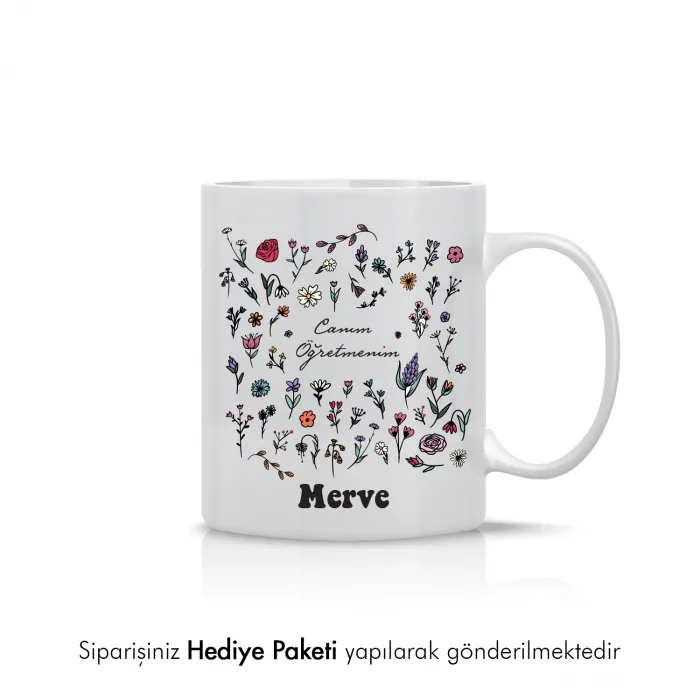 Öğretmenler Gününe Çiçekli Canım Öğretmenim Yazılı İsimli Kupa Bardak