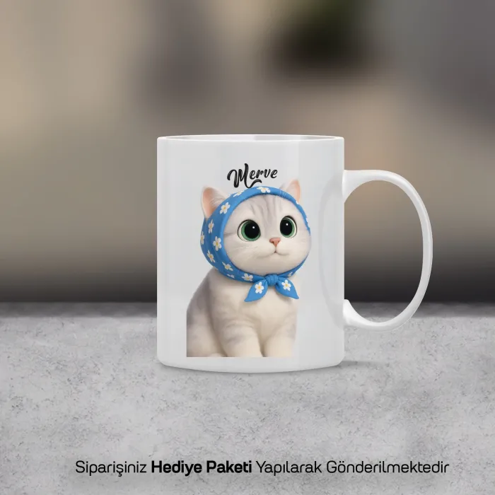 Papatya Desenli Kedi Temalı İsimli Kupa