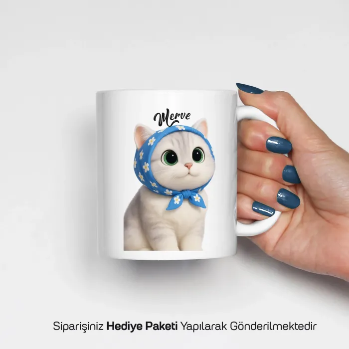 Papatya Desenli Kedi Temalı İsimli Kupa
