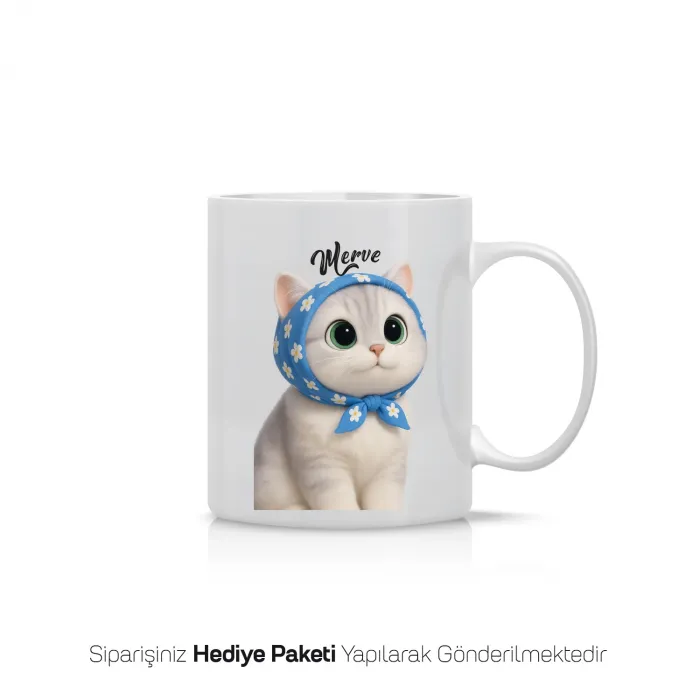 Papatya Desenli Kedi Temalı İsimli Kupa