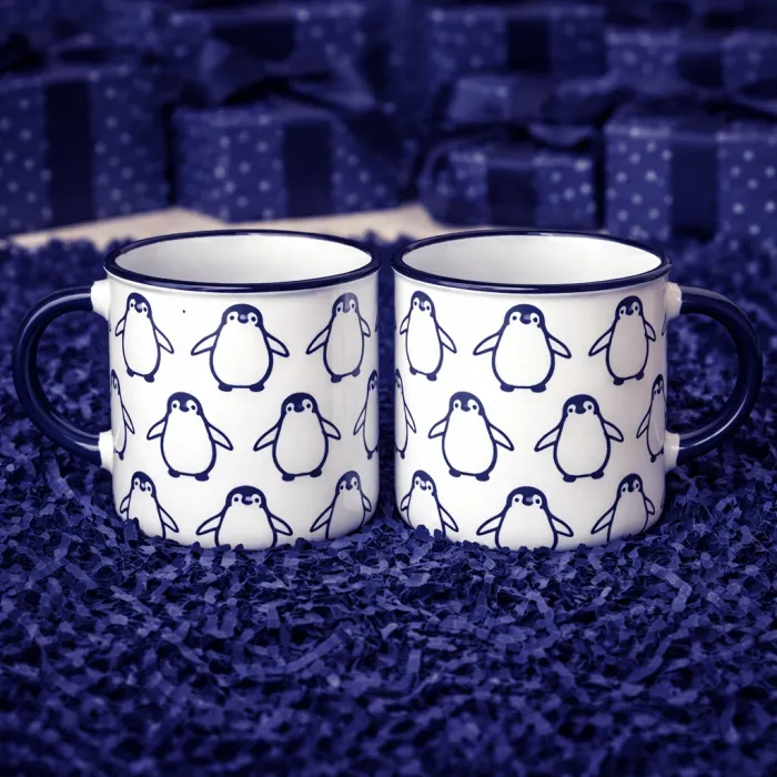 Penguen Desenli Lacivert Enamel Kupa Seti