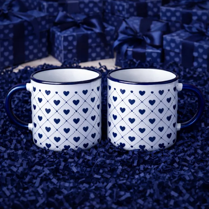 Romantik Lacivert Desenli Enamel Kupa Seti