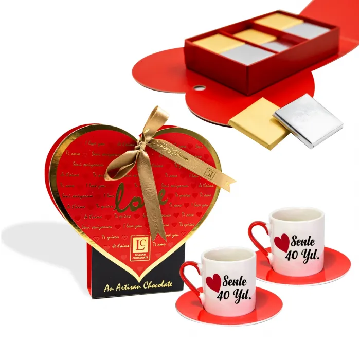 Sevgiliye Özel Kırmızı Fincan ve Happy Valentines Day Madlen Çikolata