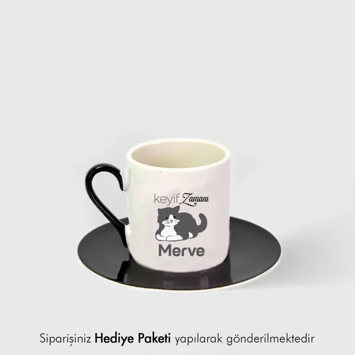 Kişiye Özel Hediye Kedi Temalı İsimli Siyah Fincan