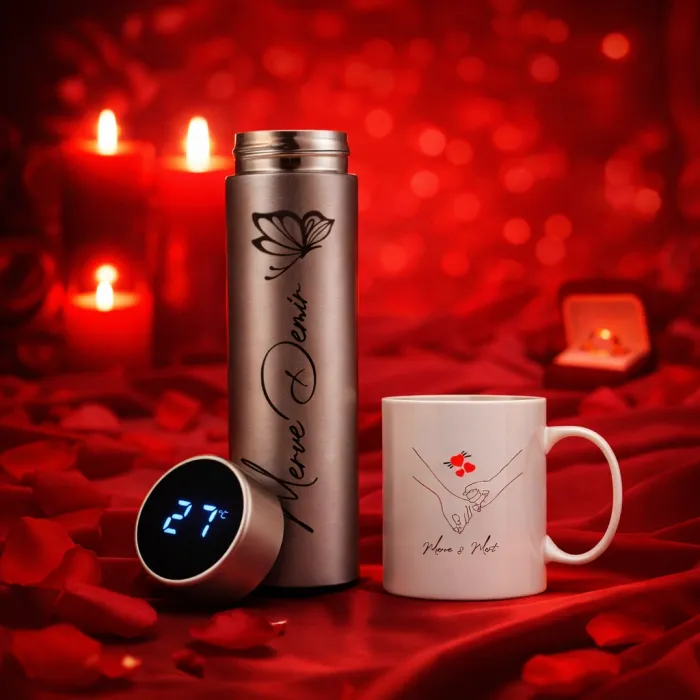 Sevgiliye Özel Gri Termos Ve Kupa Hediye Paketi