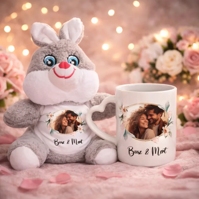 Sevgiliye Özel İsim Baskılı Hediye Peluş Tavşan Kupa Seti