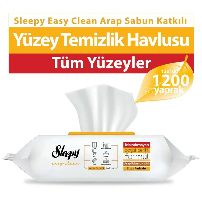 Sleepy Easy Clean Arap Sabunu Katkılı Yüzey Temizlik Havlusu 100 Yaprak 12li