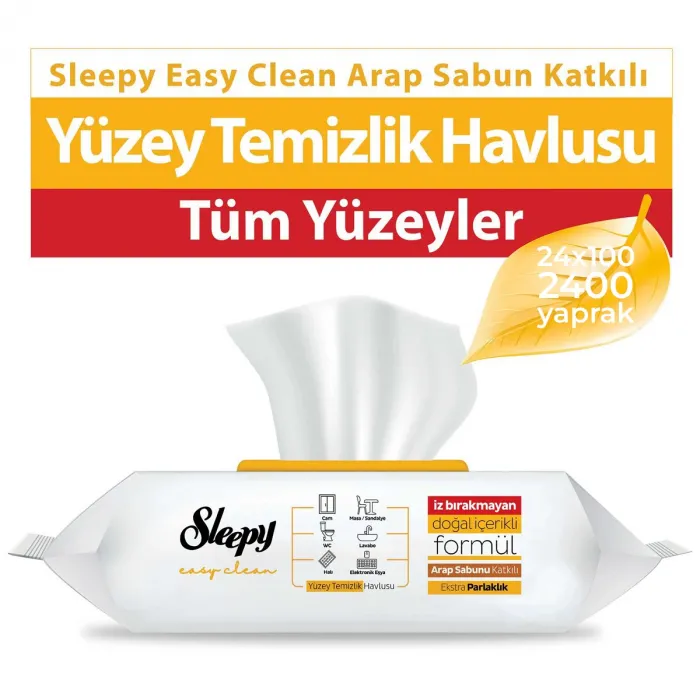 Sleepy Easy Clean Arap Sabunu Katkılı Yüzey Temizlik Havlusu 100 Yaprak 24lü