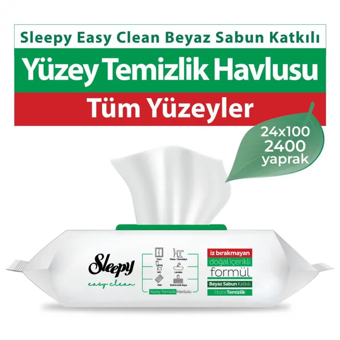 Sleepy Easy Clean Beyaz Sabun Katkılı Yüzey Temizlik Havlusu 24 Adet 24x100 (2400 Yaprak)
