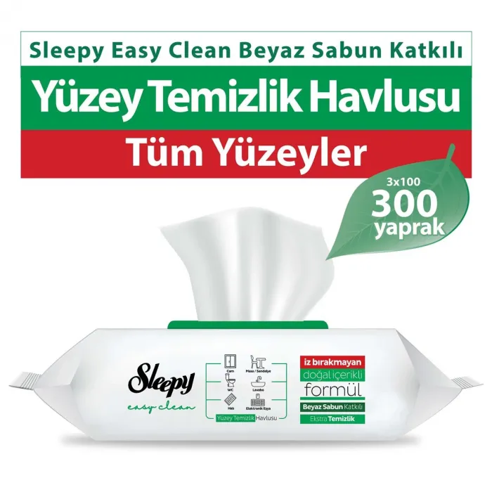 Sleepy Easy Clean Beyaz Sabun Katkılı Yüzey Temizlik Havlusu 100 Yaprak 3lü