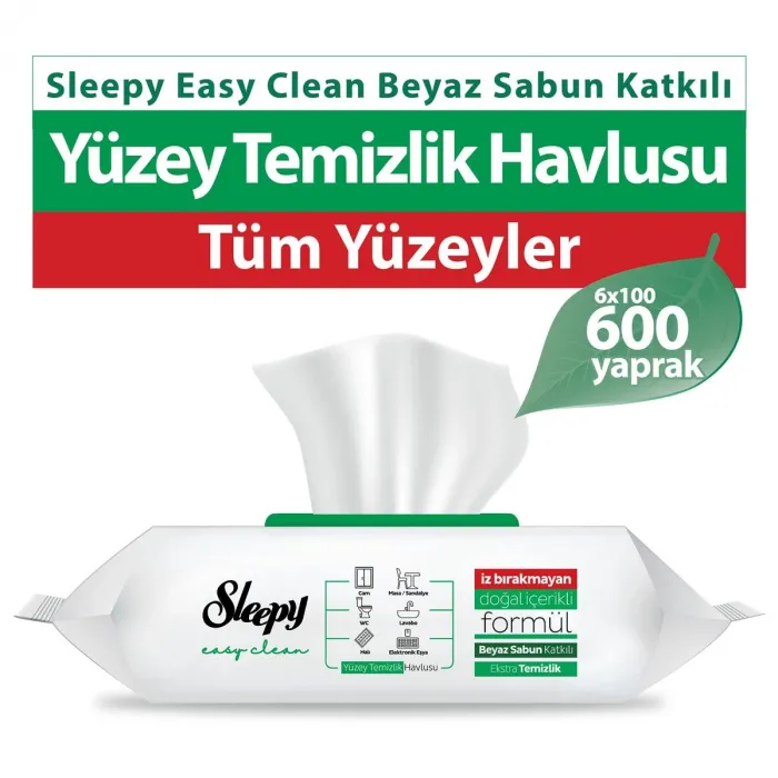 Sleepy Easy Clean Beyaz Sabun Katkılı Yüzey Temizlik Havlusu 100 Yaprak 6lı