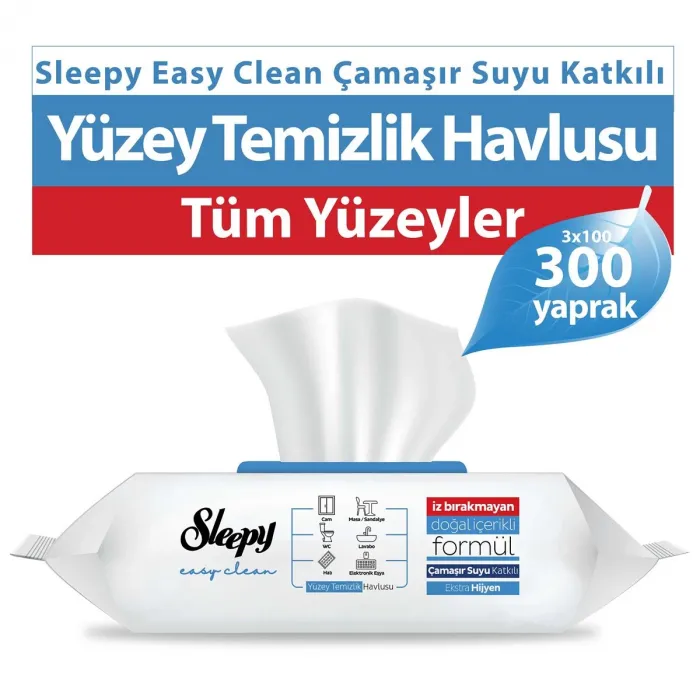 Sleepy Easy Clean Çamaşır Suyu Katkılı Yüzey Temizlik Havlusu 100 Yaprak 3lü