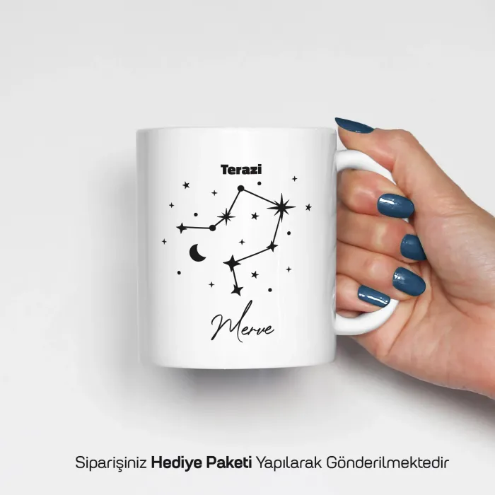 Terazi Burcu Yıldız Haritalı Kişiye Özel İsimli Kupa Bardak