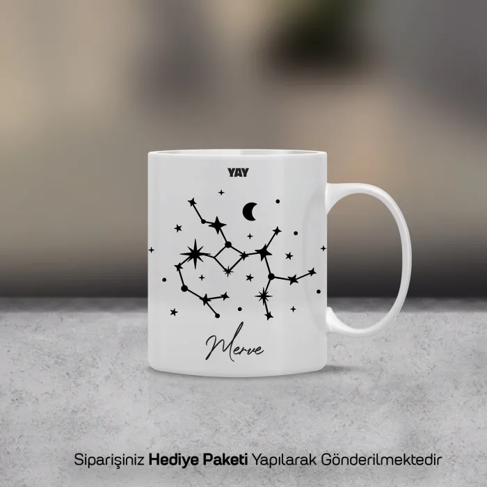 Yay Burcu Yıldız Haritalı Kişiye Özel İsimli Kupa Bardak