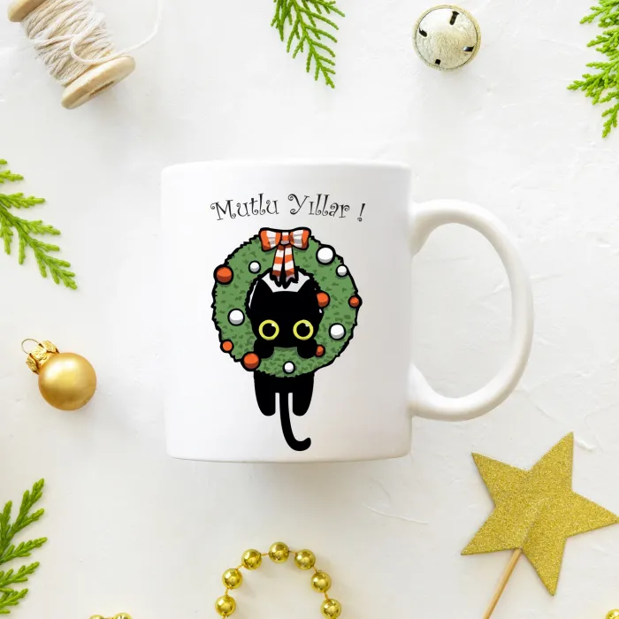 Yılbaşı Çelengi Temalı  Kedili Kupa