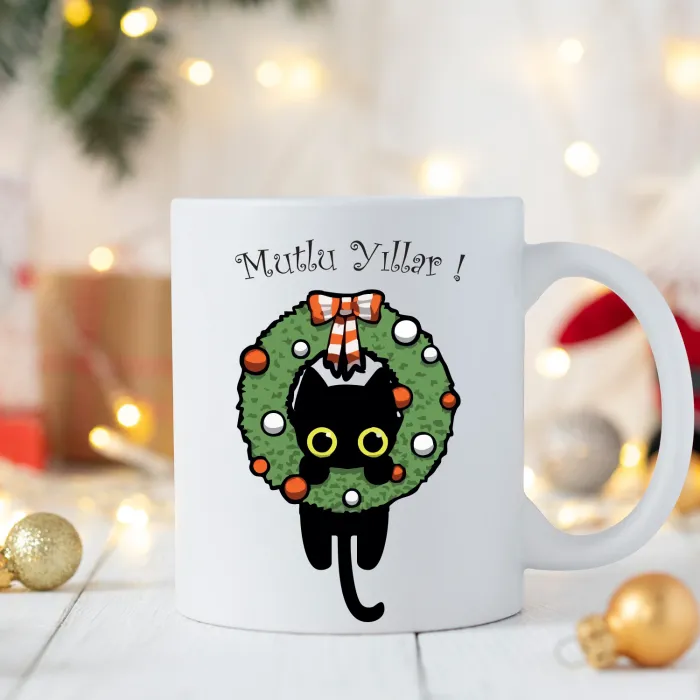 Yılbaşı Çelengi Temalı  Kedili Kupa