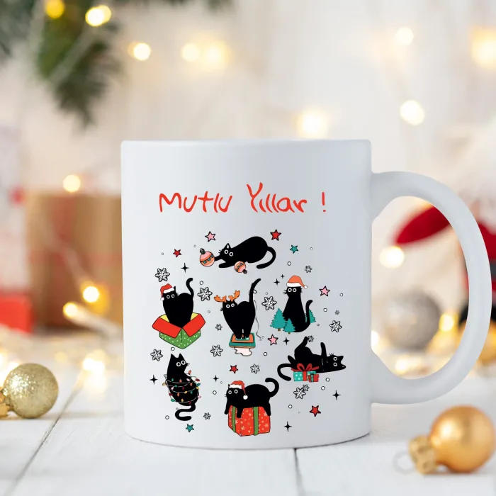 Yılbaşı Partisi Temalı Siyah Kedili Kupa