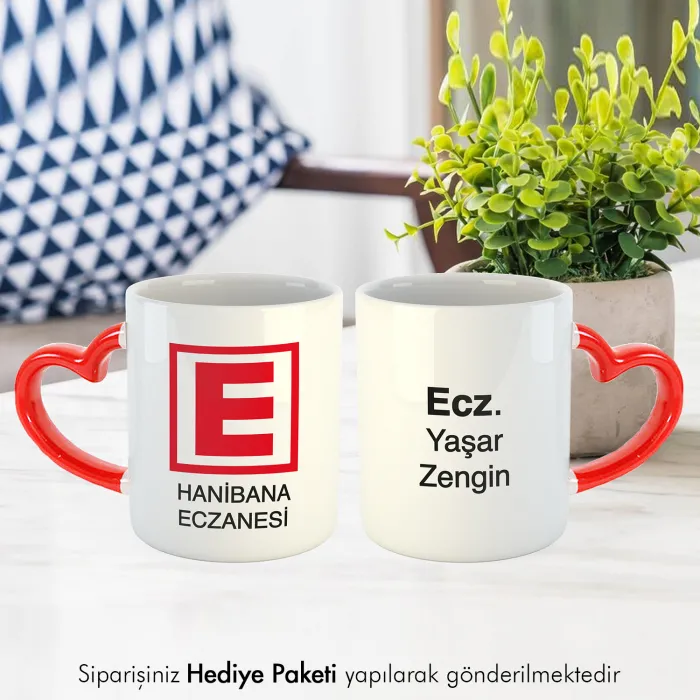 Eczacılara Özel Hediye İsimli Kırmızı Kulplu Kupa Bardak