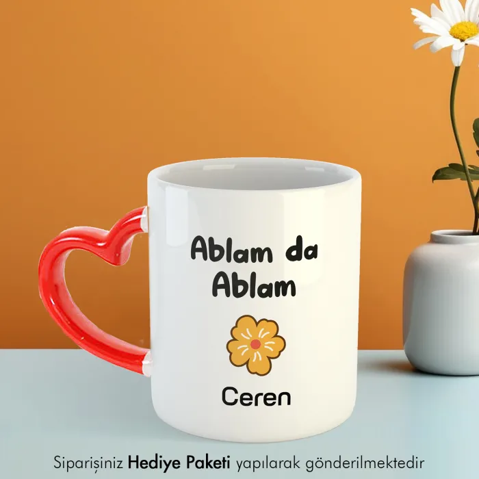 Ablam Da Ablam Kişiye Özel İsimli Kırmızı Kalpli Kupa Bardak