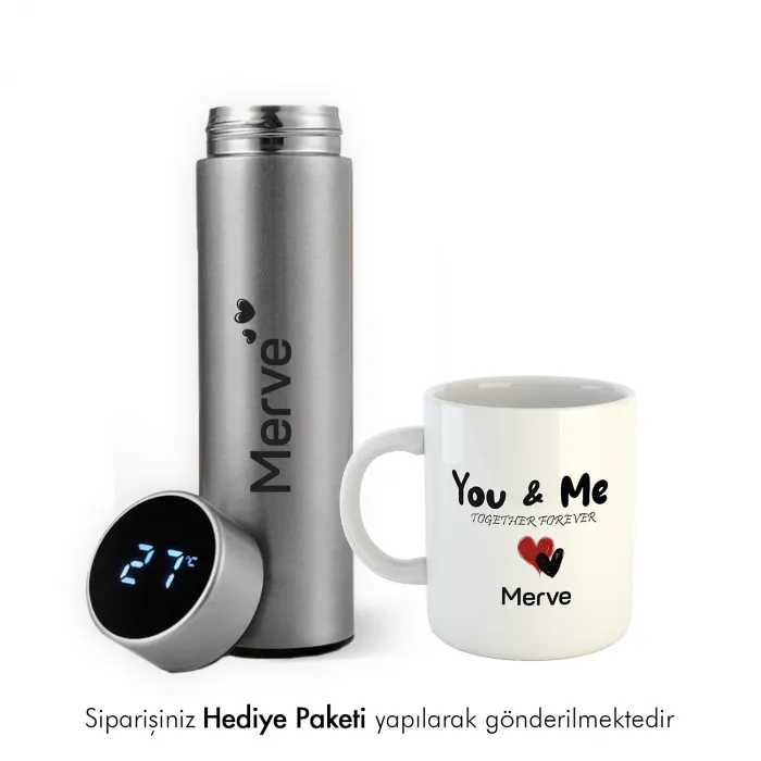 Kişiye Özel Gri Termos Ve Kupa Hediye Paketi