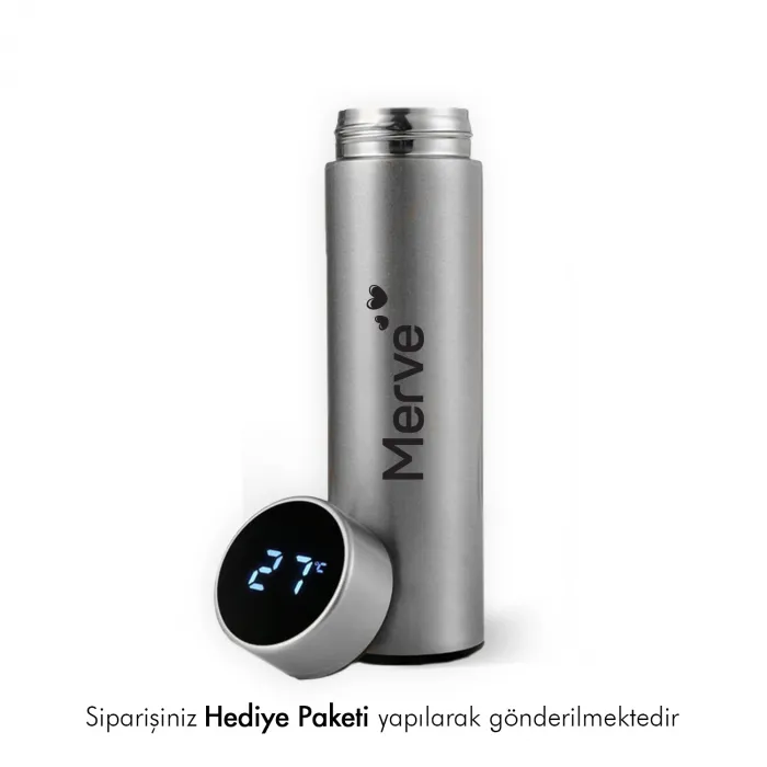 Kişiye Özel Gri Termos Ve Kupa Hediye Paketi