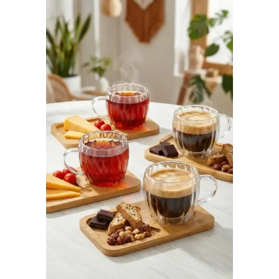 120 ml 4’lü 8 Parça Çift Cidarlı Bardak ve Bambu Tabaklı Espresso Fincan Takımı