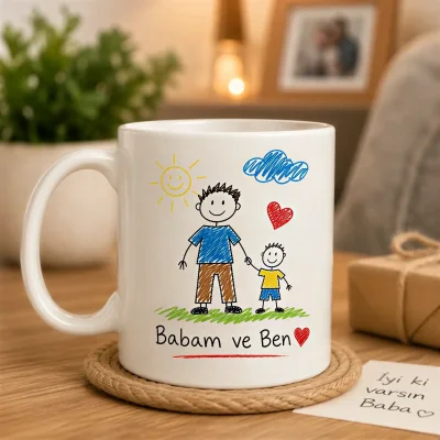 Babam ve Oğlu Çocuk Çizimi Kupa
