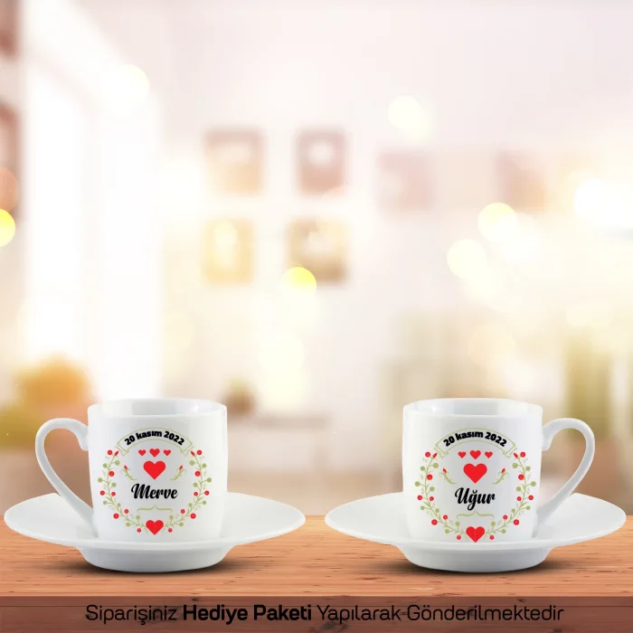 2’Li Beyaz İsim ve Tarihli Aşk Fincanı Seti