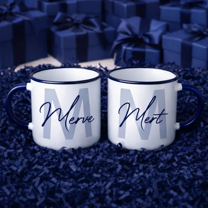 Kişiye Özel Lacivert İsimli Enamel Kupa Seti