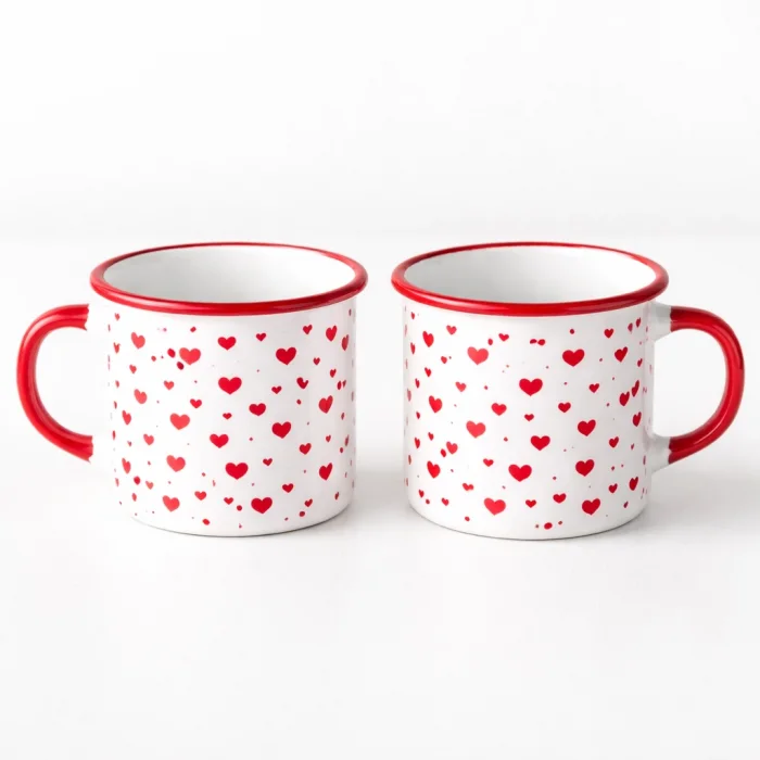 Sevgiliye Özel Kalp Desenli Kırmızı Enamel Kupa Seti