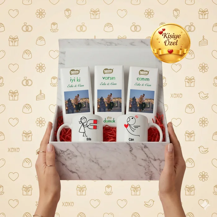 Aşkın Çekim Gücü Temalı 2li Kupa & Fotoğraflı Çikolata Seti