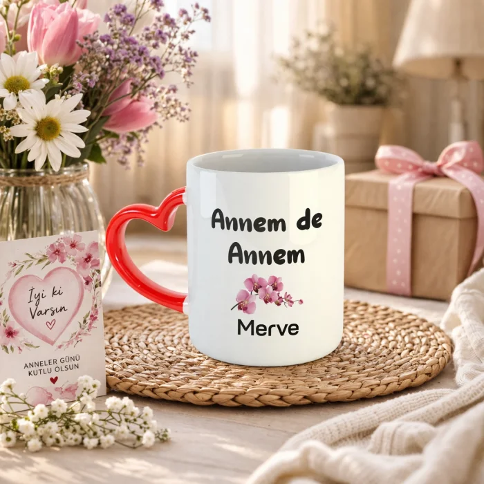 Annem De Annem Kişiye Özel İsimli Kırmızı Kalpli Kupa Bardak