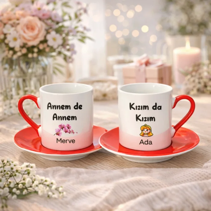 2Li Kırmızı Fincan Kişiye Özel İsimli Annem De Annem Kızım Da Kızım