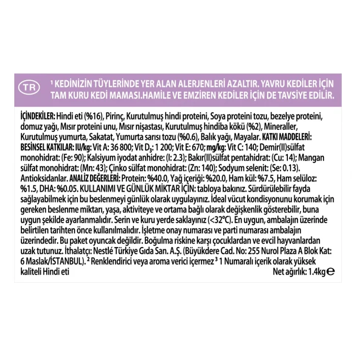 Pro Plan LiveClear Alerjen Azaltan Hindili 1.4 kg Yavru Kedi Maması