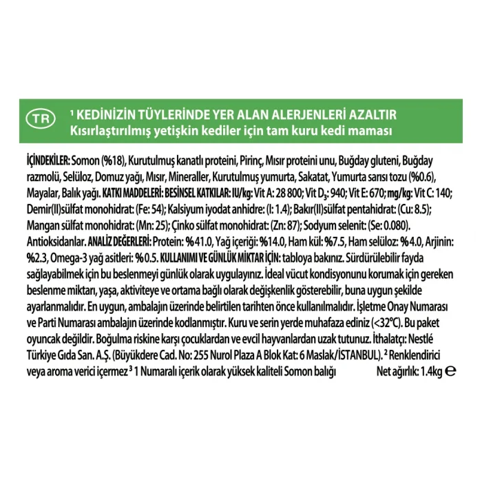 Pro Plan LiveClear Alerjen Azaltan Somonlu 1.4 kg Kısırlaştırılmış Yetişkin Kedi Maması