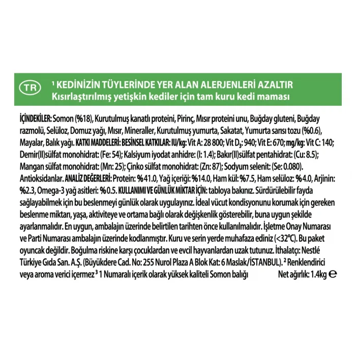 Pro Plan LiveClear Alerjen Azaltan Somonlu 1.4 kg Kısırlaştırılmış Yetişkin Kedi Maması