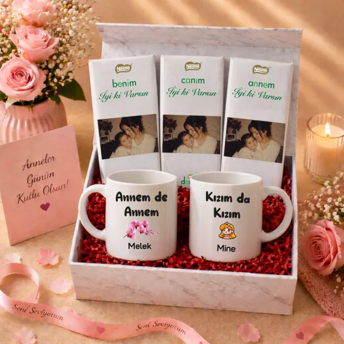 Kişiye Özel Anne & Kız Temalı Kupa ve Fotoğraflı Çikolata Hediye Kutusu
