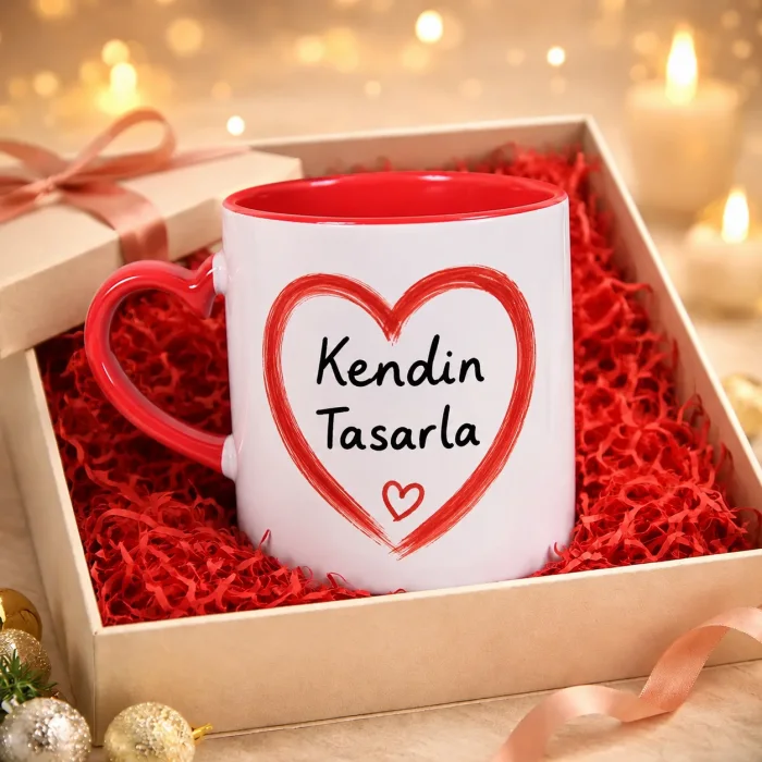 Kişiye Özel Kendin Tasarla Kırmızı Kalp Kulplu Kupa Bardak