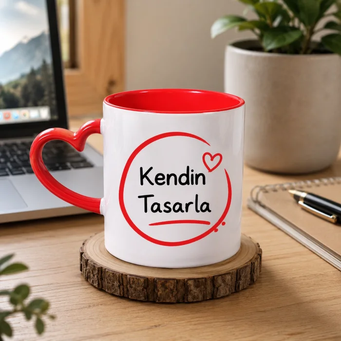 Kişiye Özel Kendin Tasarla Kırmızı Kalp Kulplu Kupa Bardak