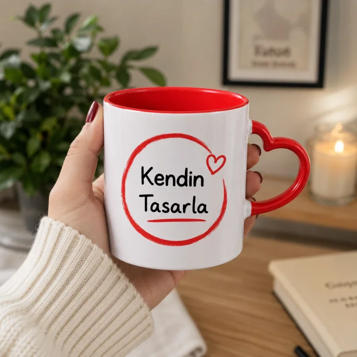 Kişiye Özel Kendin Tasarla Kırmızı Kalp Kulplu Kupa Bardak